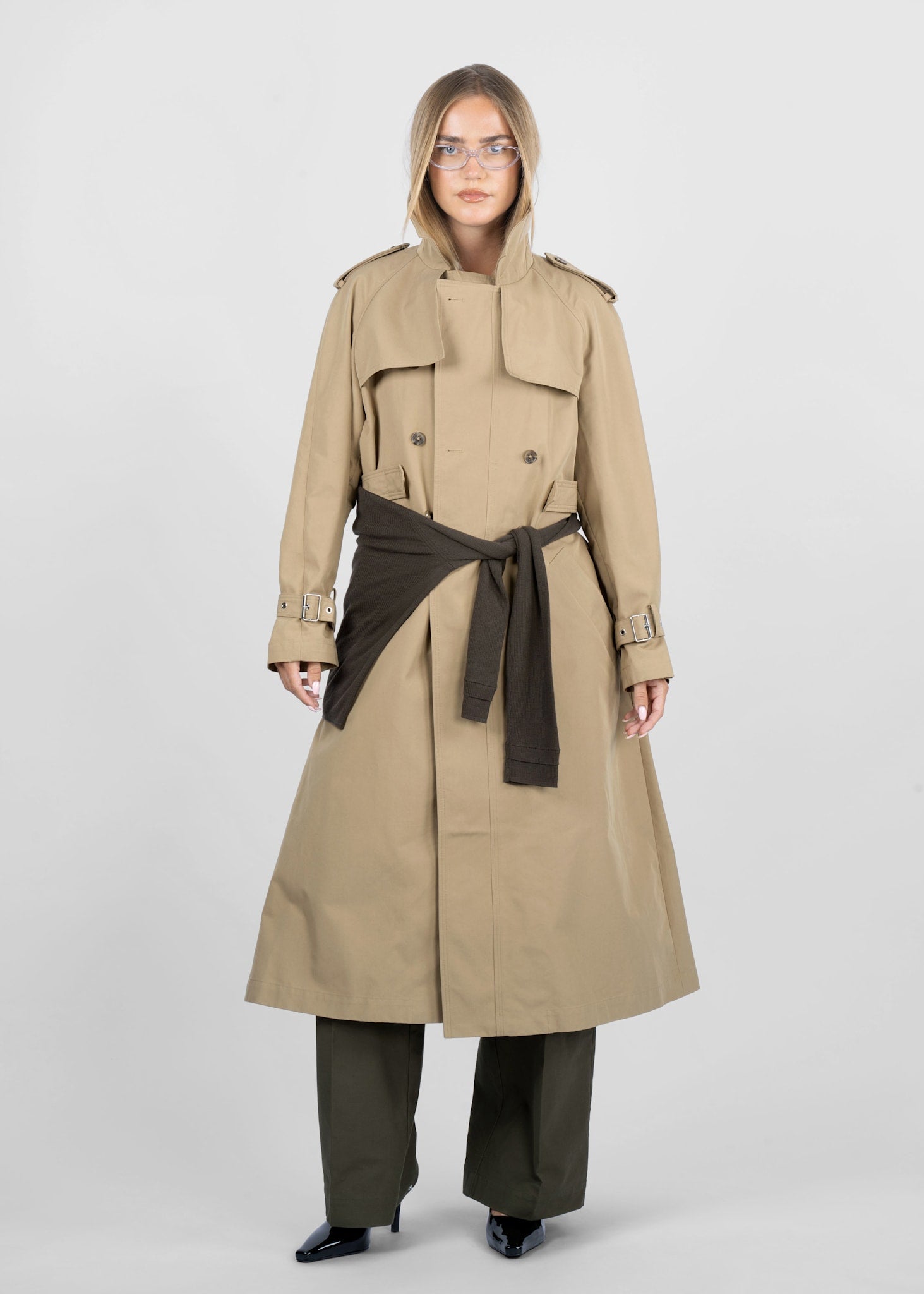 Double Breasted Trench - Long khaki trench coat with double