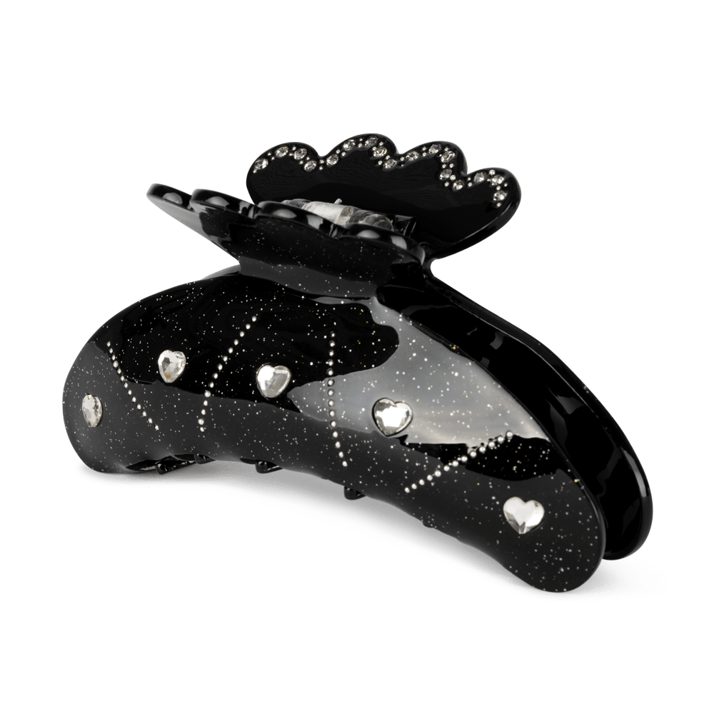 Helle Sweetheart Big – stor sort hårklemme med glitter og sølvhjerter