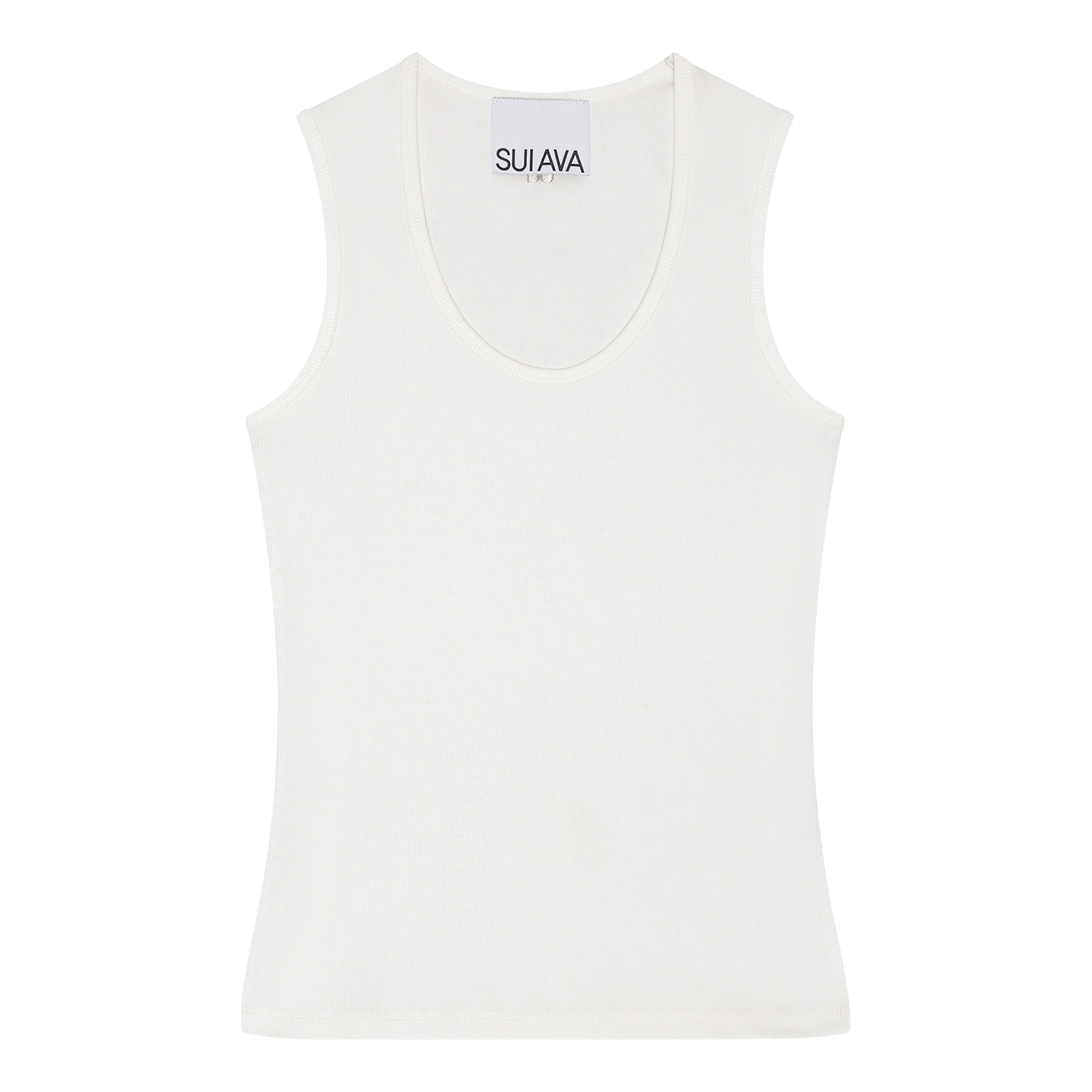 Hvid ribbet tanktop med rund hals og broderet logo bagpå fra SUI AVA