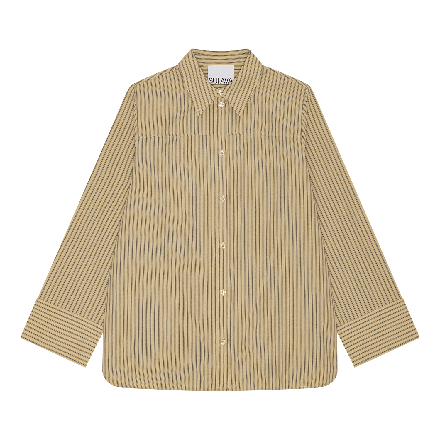 Stribet skjorte i beige og navy med afslappet pasform og knapper foran fra SUI AVA