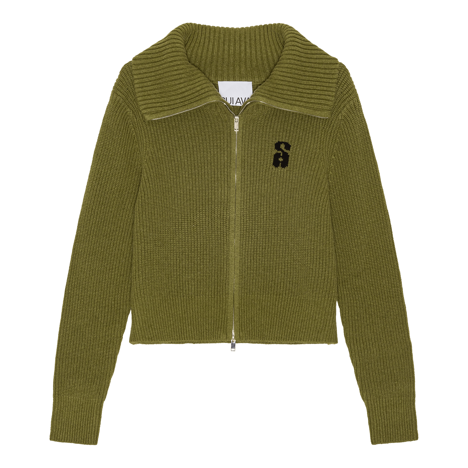 Ribstrikket olivengrøn cardigan med høj krave, tovejs-lynlås og broderet S-logo fra SUI AVA.