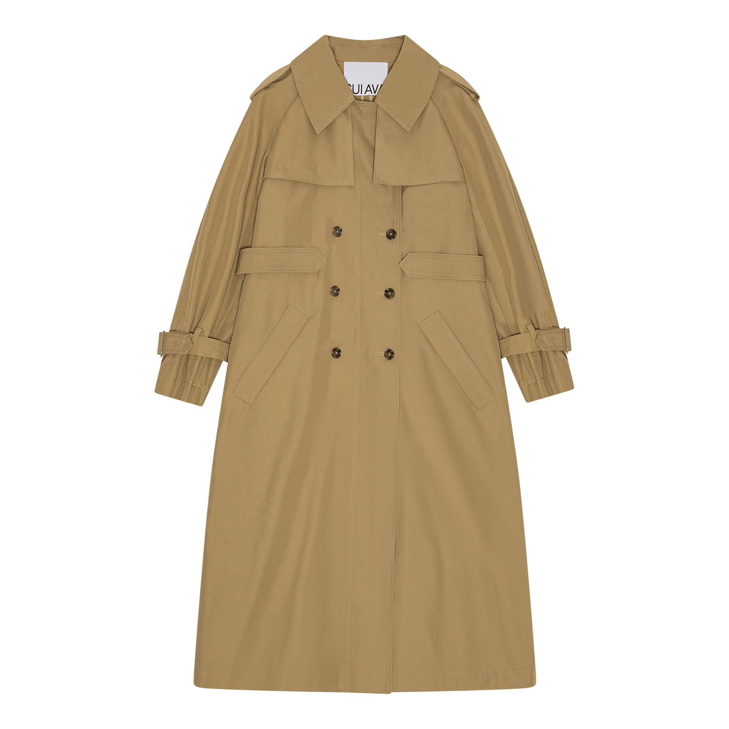 Lang khaki trenchcoat med dobbeltradet knaplukning, frontlommer og klassiske trench-detaljer fra SUI AVA
