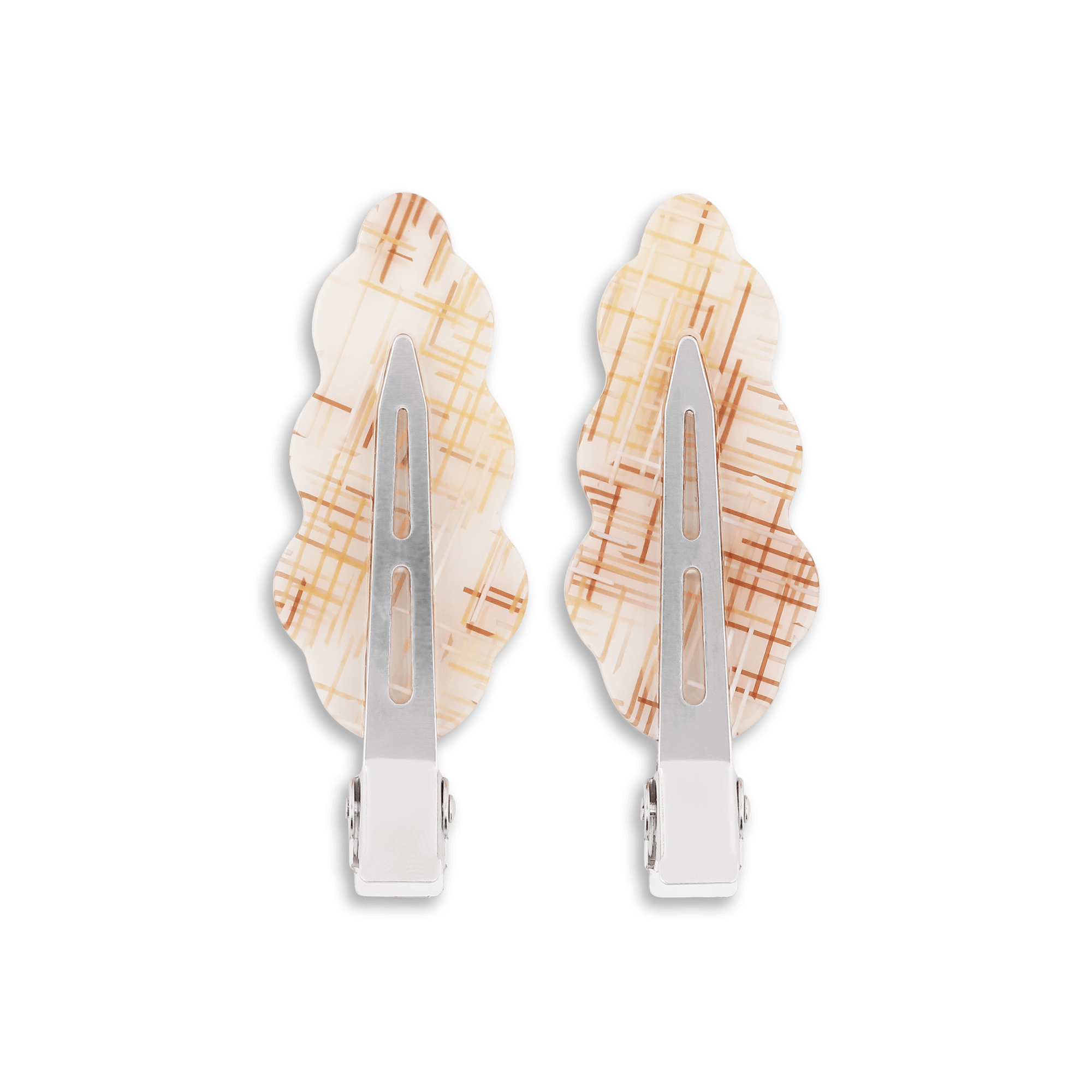 To Wavy Oak hårclips i beige med grafisk ternet mønster og bølget form