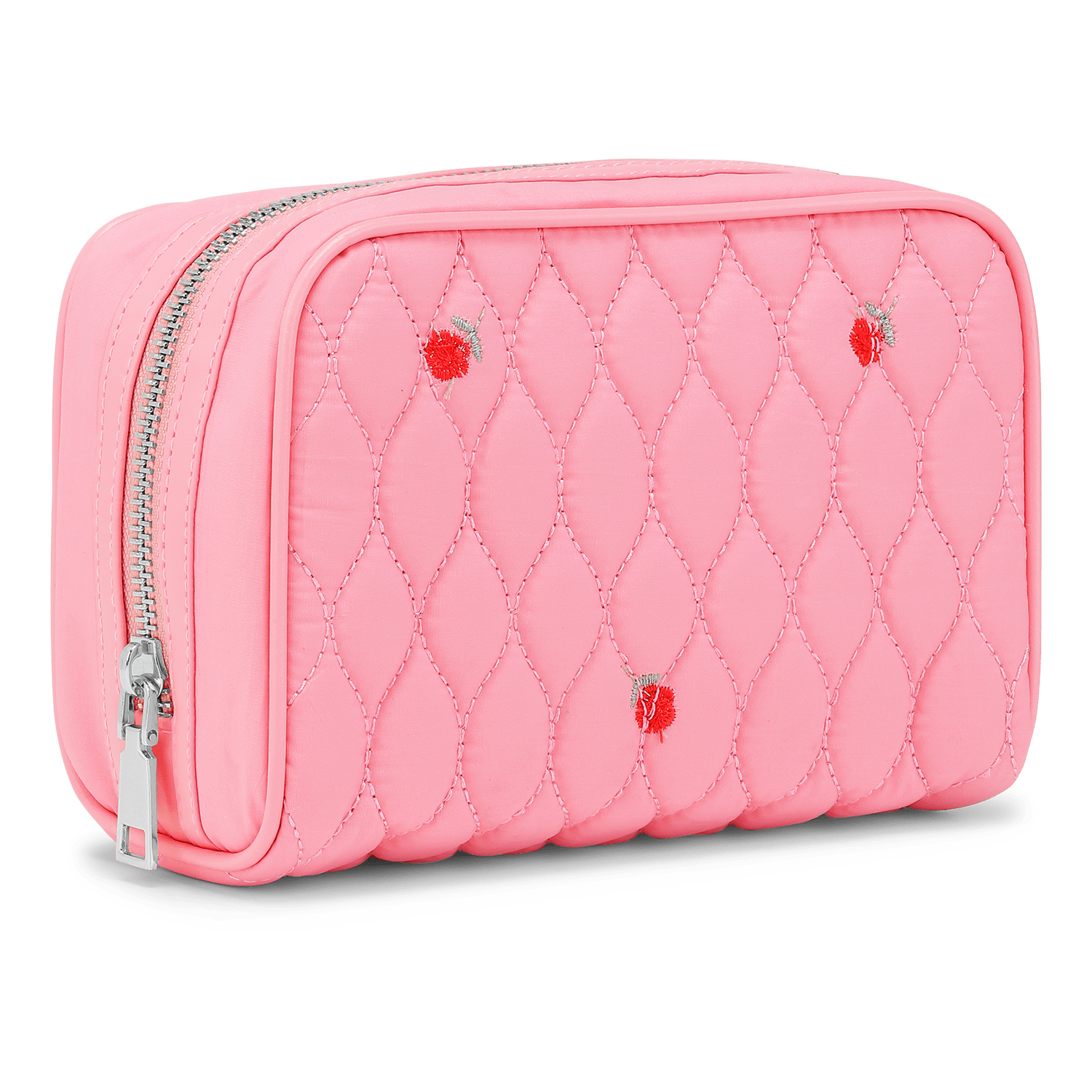 Lyserød quiltet makeup-taske i bomuld med røde blomsterbroderier og to lynlåsrum – Bobbie Makeup Bag fra SUI AVA.