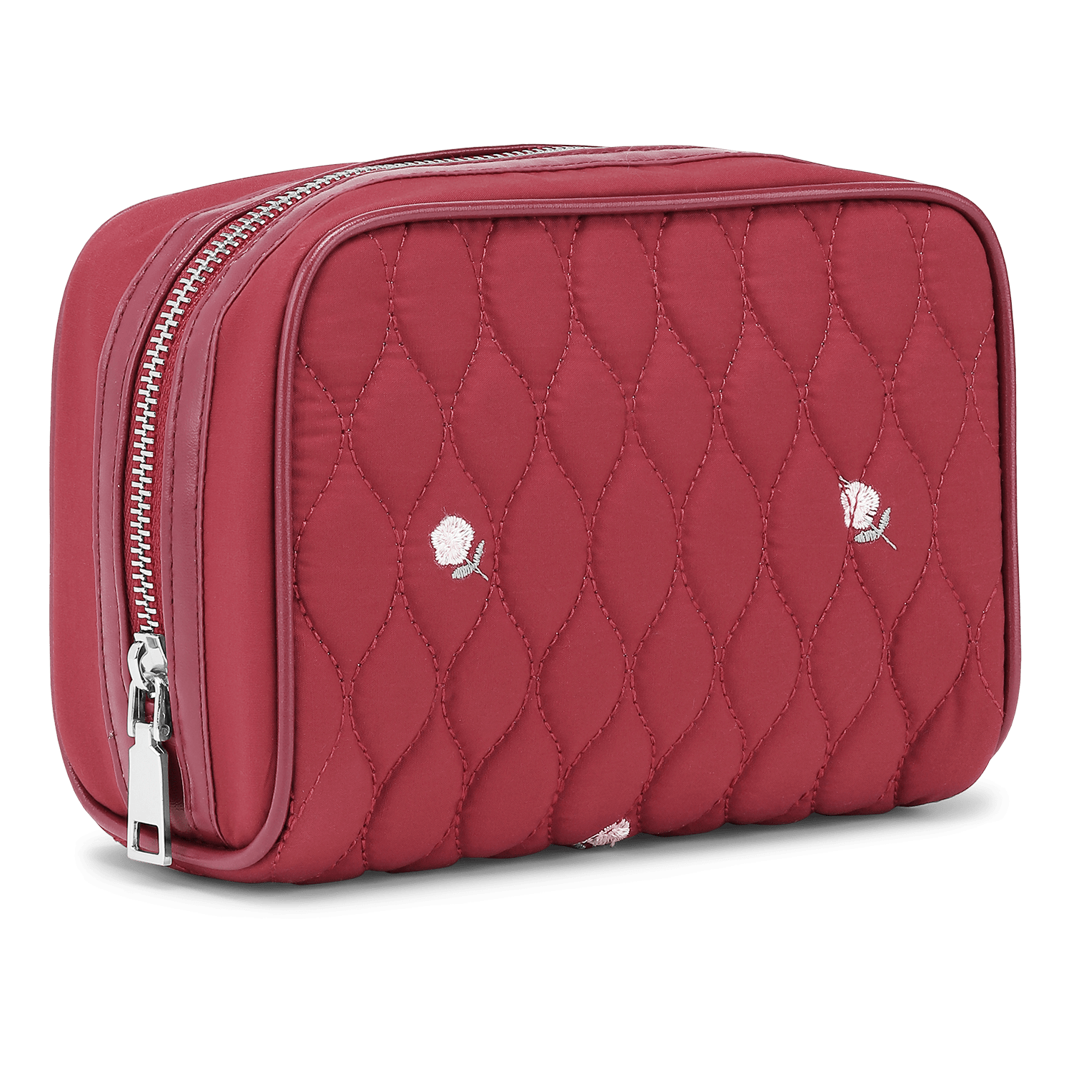 Bobbie makeup taske i quiltet burgundy bomuld med hvide blomsterbroderier. 