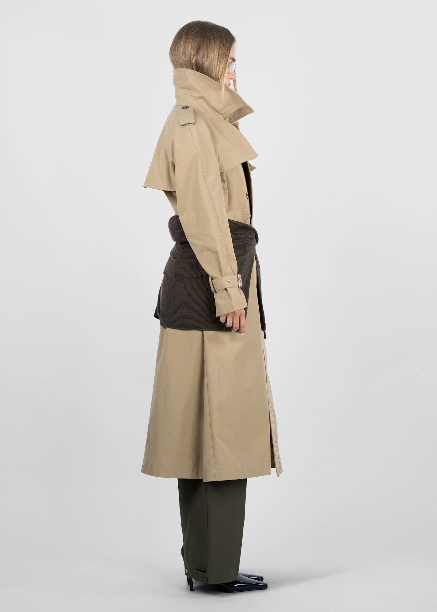 Double Breasted Trench - Long khaki trench coat with double