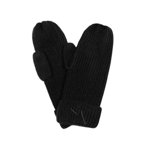 Signe Mittens – sorte vanter i ribstrik med broderet SUI AVA-logo