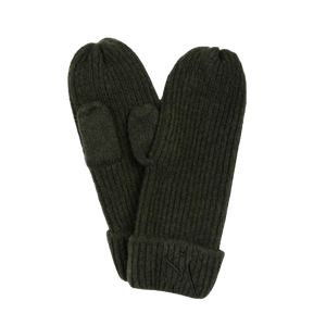 Signe Mittens – mørkegrønne ribstrikkede vanter med SUI AVA-logo