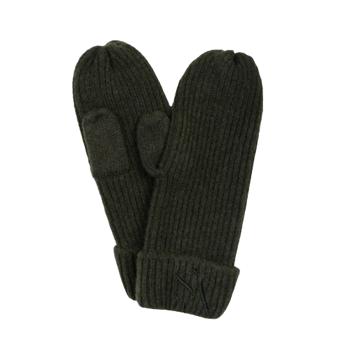 Signe Mittens – mørkegrønne ribstrikkede vanter med SUI AVA-logo