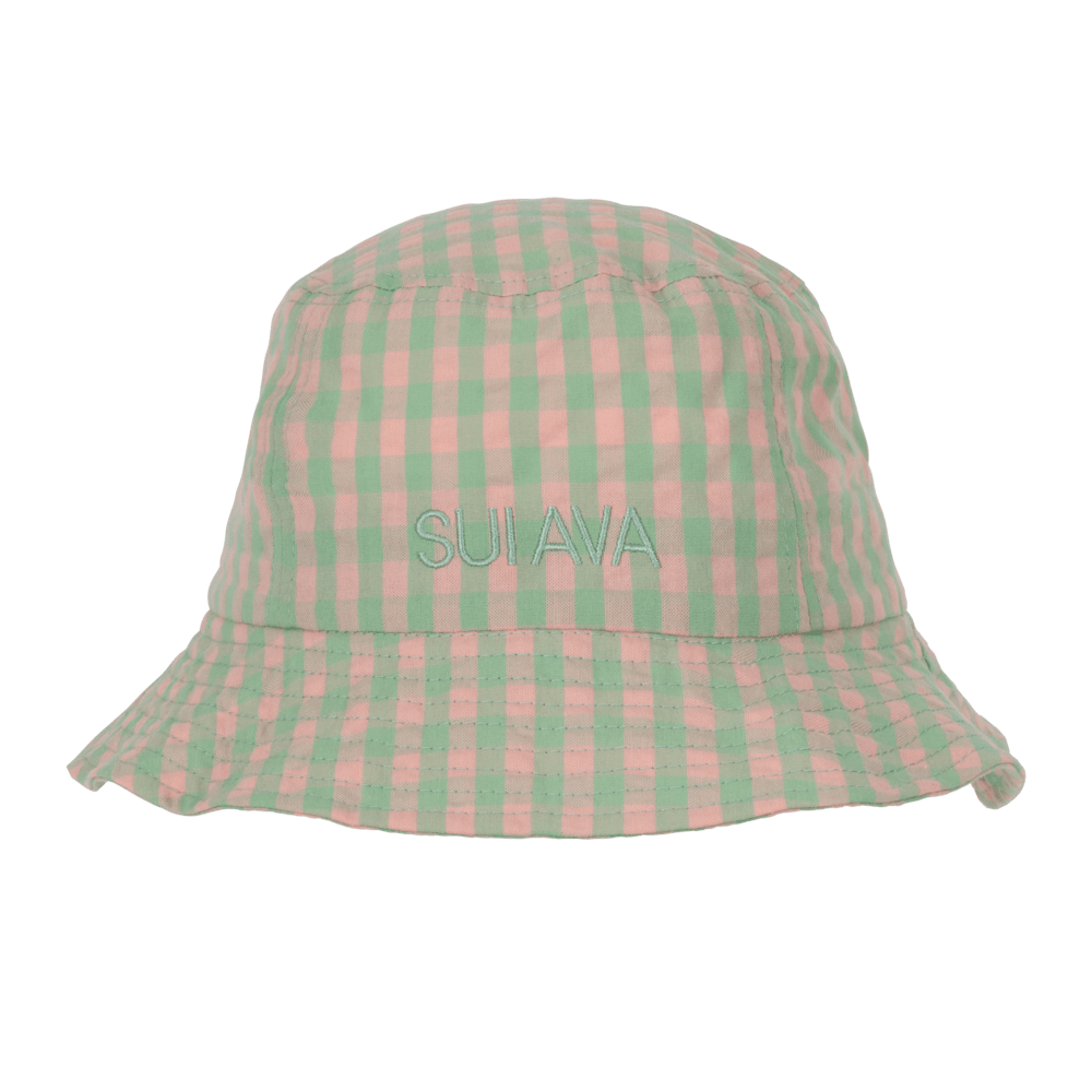 Summer Bucket Hat – ternet bøllehat i grøn og pink med broderet SUI AVA-logo.