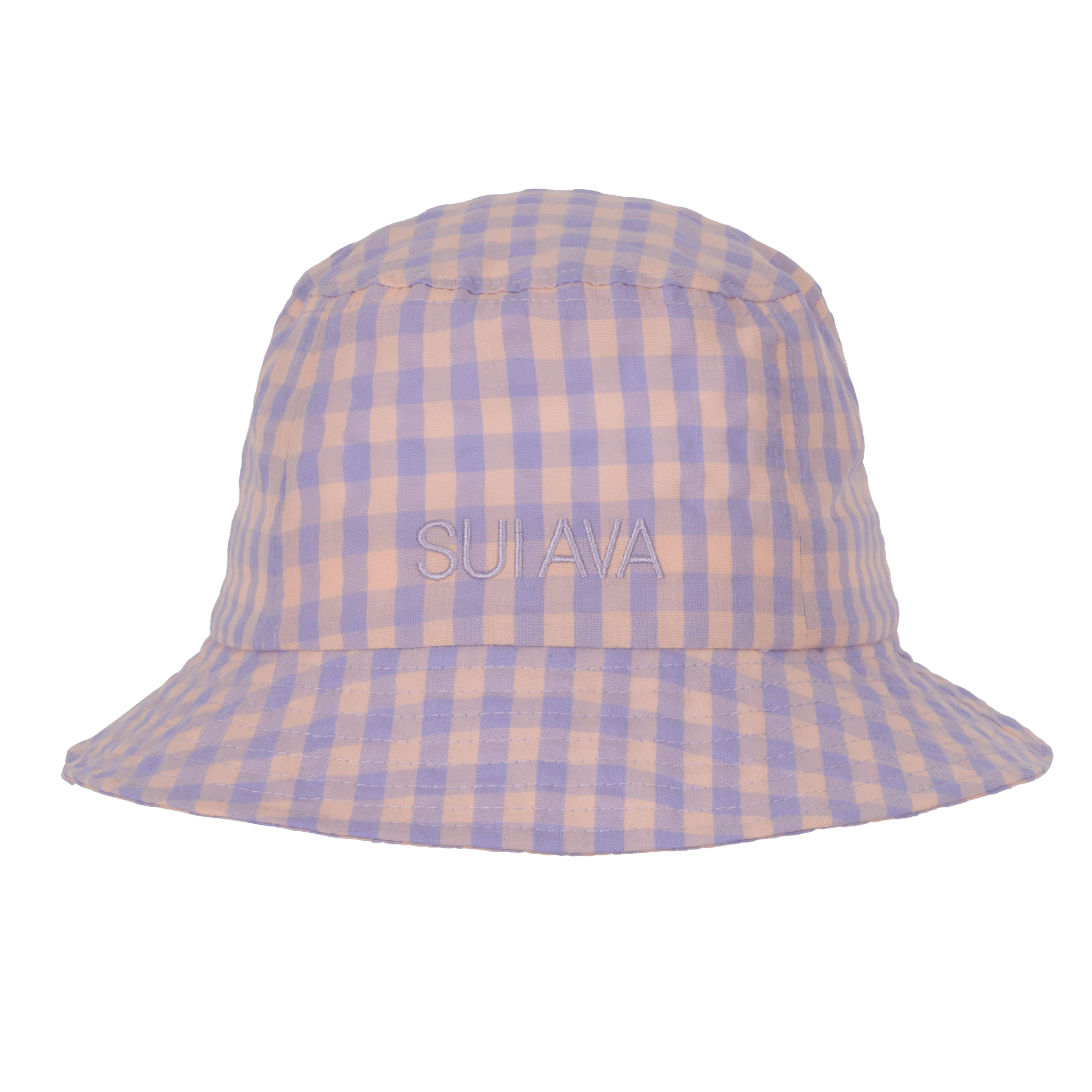 Bøllehat i pastel-lilla og nude gingham-mønster med broderet SUI AVA-logo foran.