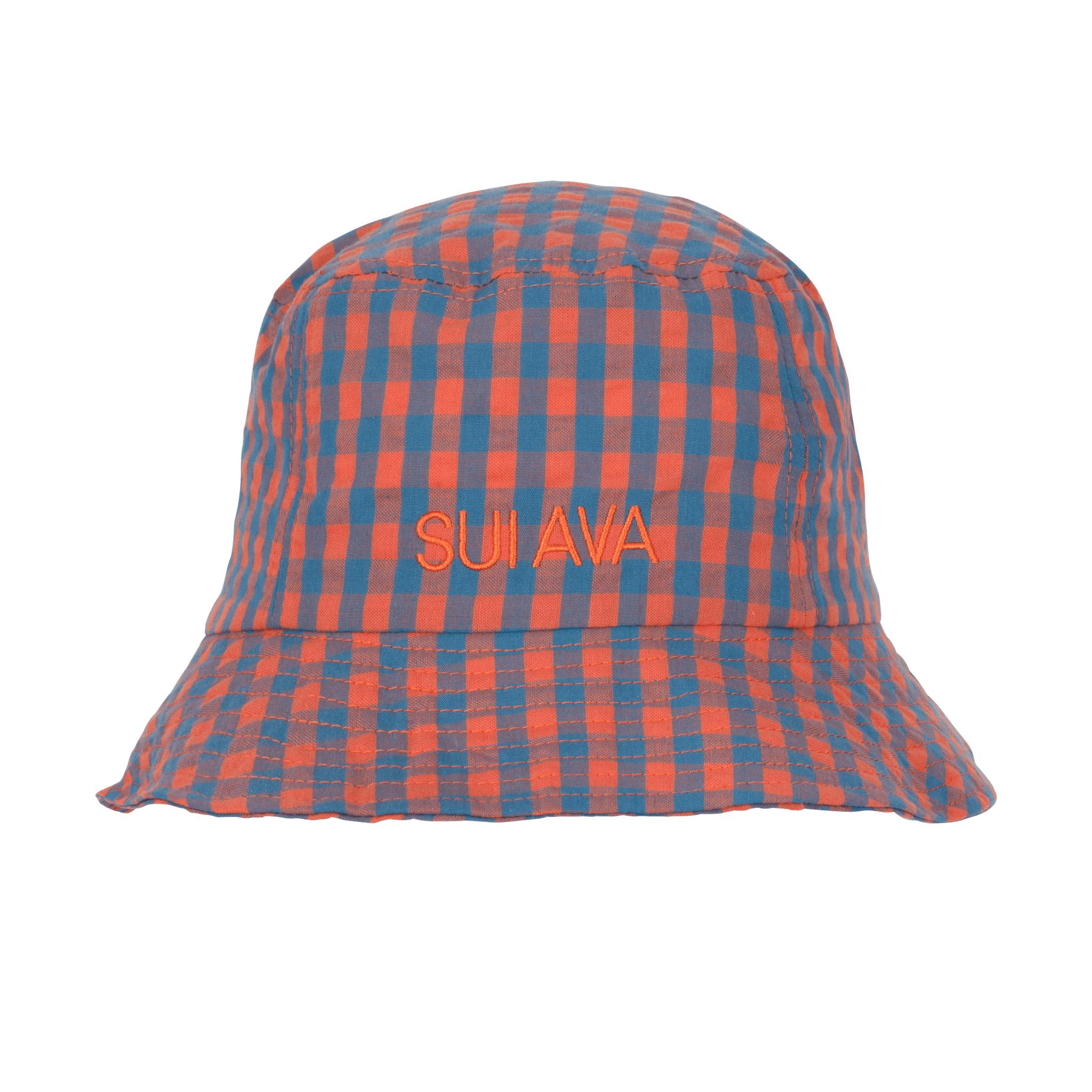 Summer Bucket Hat – ternet bøllehat i blå og orange med broderet SUI AVA-logo.
