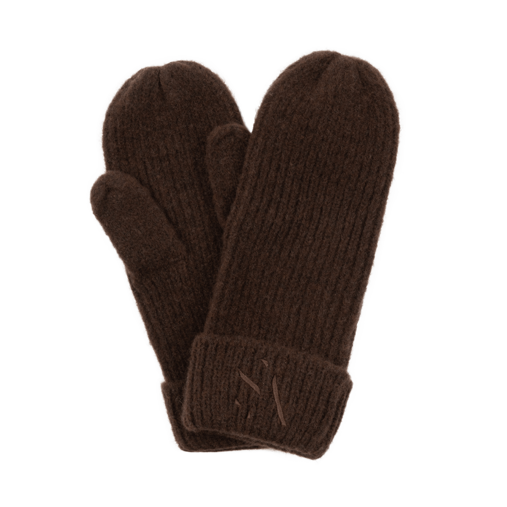 Signe Mittens – brune vanter i ribstrik med broderet SUI AVA-logo