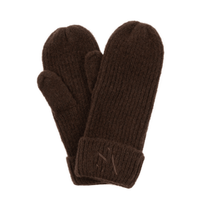 Signe Mittens – brune vanter i ribstrik med broderet SUI AVA-logo