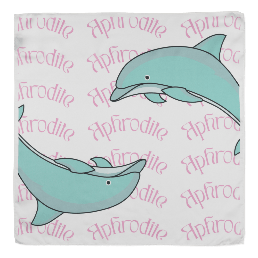 Silketørklæde med mintfarvede delfiner og lyserødt “Aphrodite”-print fra SUI AVA