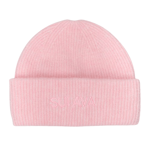 Lyserød SUI AVA Beanie med ribstrik og tone-i-tone logo
