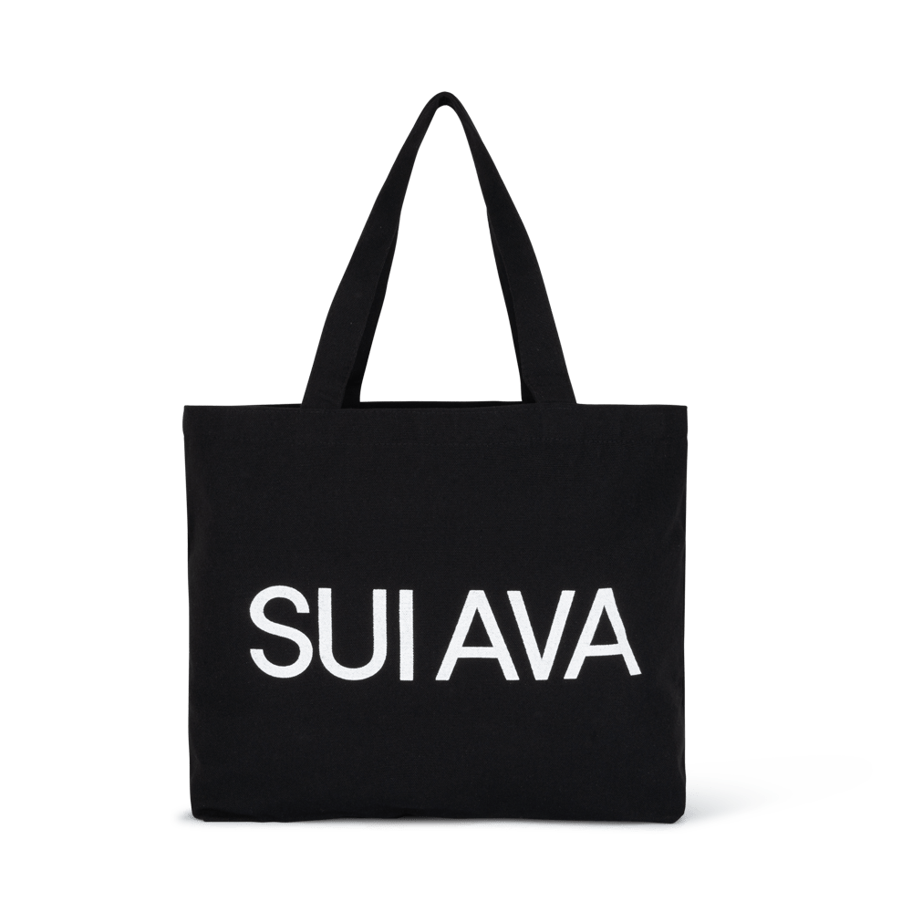 Sort mulepose med hvidt SUI AVA-logo