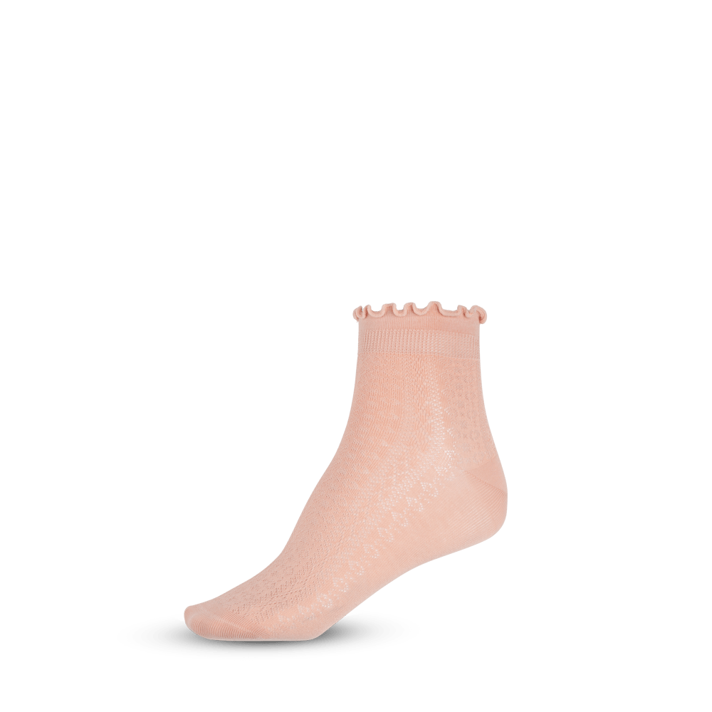 Emma Ankle Socks i lyserød med blondemønster og bølget afslutning