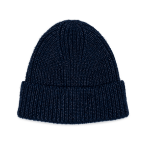 Nico Beanie i navy – ribstrikket hue med opfoldet kant i mørkeblå uldblanding.