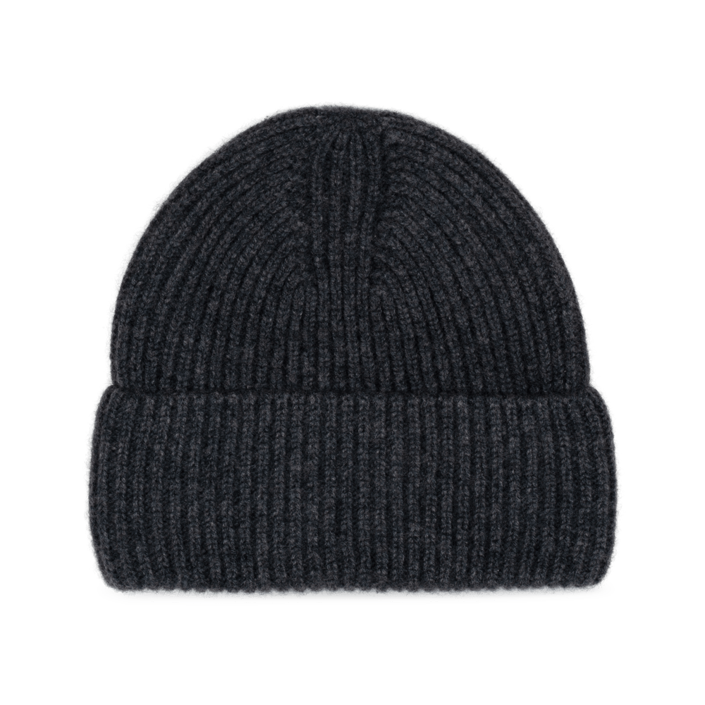 Mørkegrå cashmere beanie i ribstrik med bred fold – klassisk og varm hue i 100% cashmere