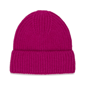 Nico Beanie i pink – ribstrikket hue med foldet kant i kraftig pink farve.