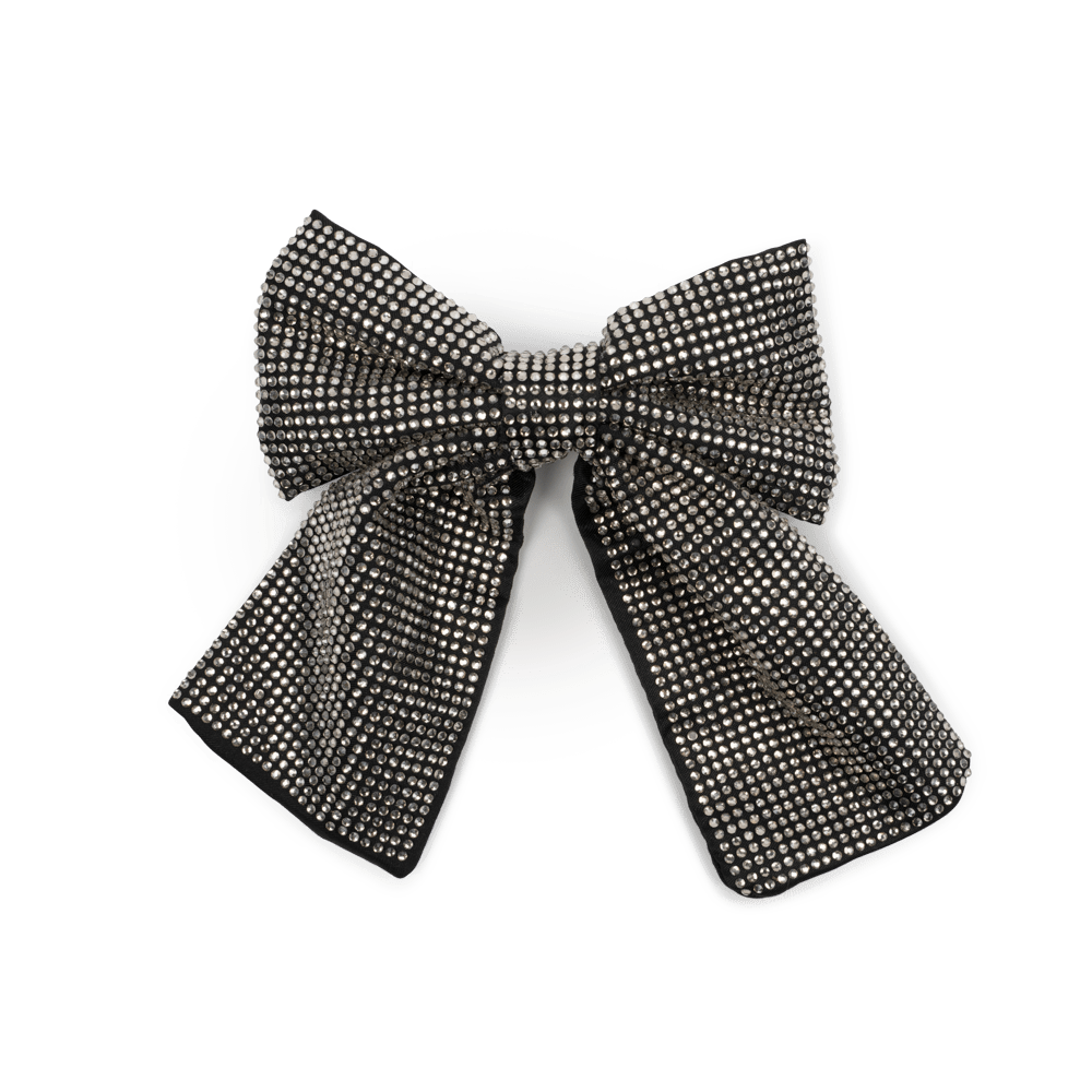 Kelly Crystal Bow hårsløjfe i sort med skinnende krystaller, perfekt som elegant hårpynt til opsætning eller hestehale.