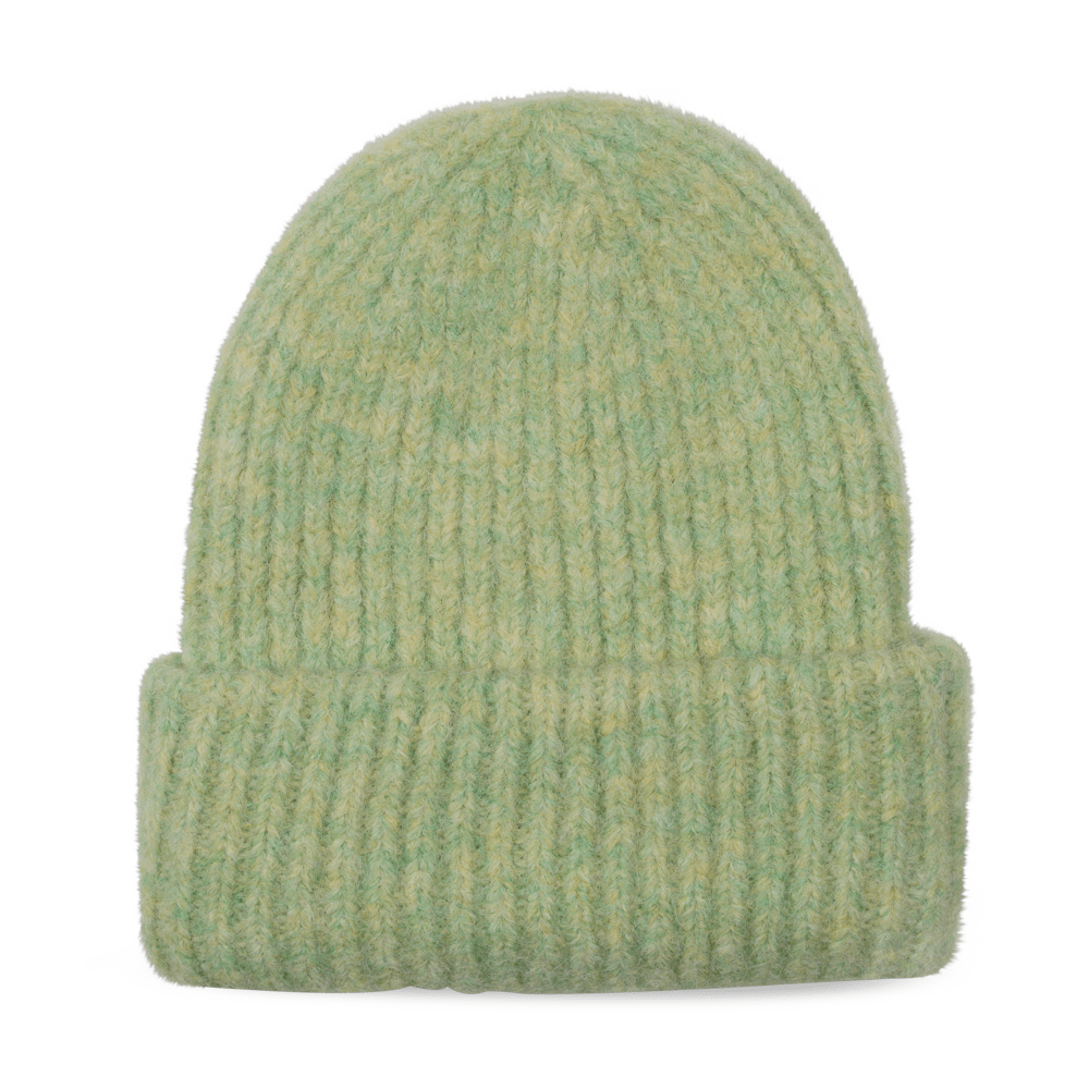 Limegrøn ribstrikket hue med bred foldet kant