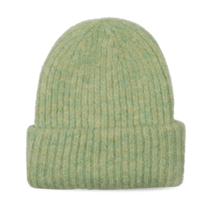Limegrøn ribstrikket hue med bred foldet kant