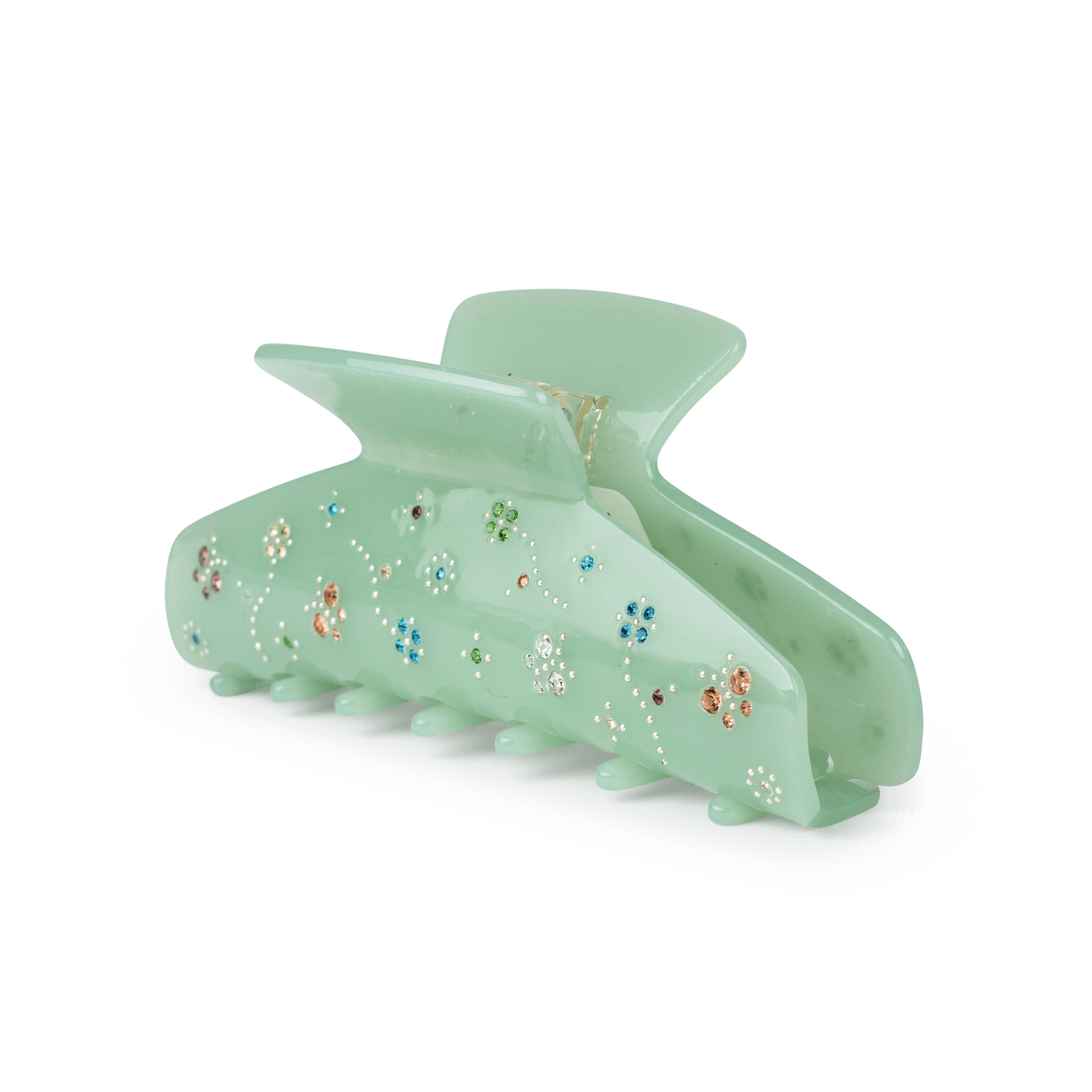 Spring Garden Biggest fra SUI AVA – ekstra stor hårklemme i en frisk grøn nuance med små farverige sten, perfekt til at skabe iøjnefaldende og elegante frisurer med et livligt touch.