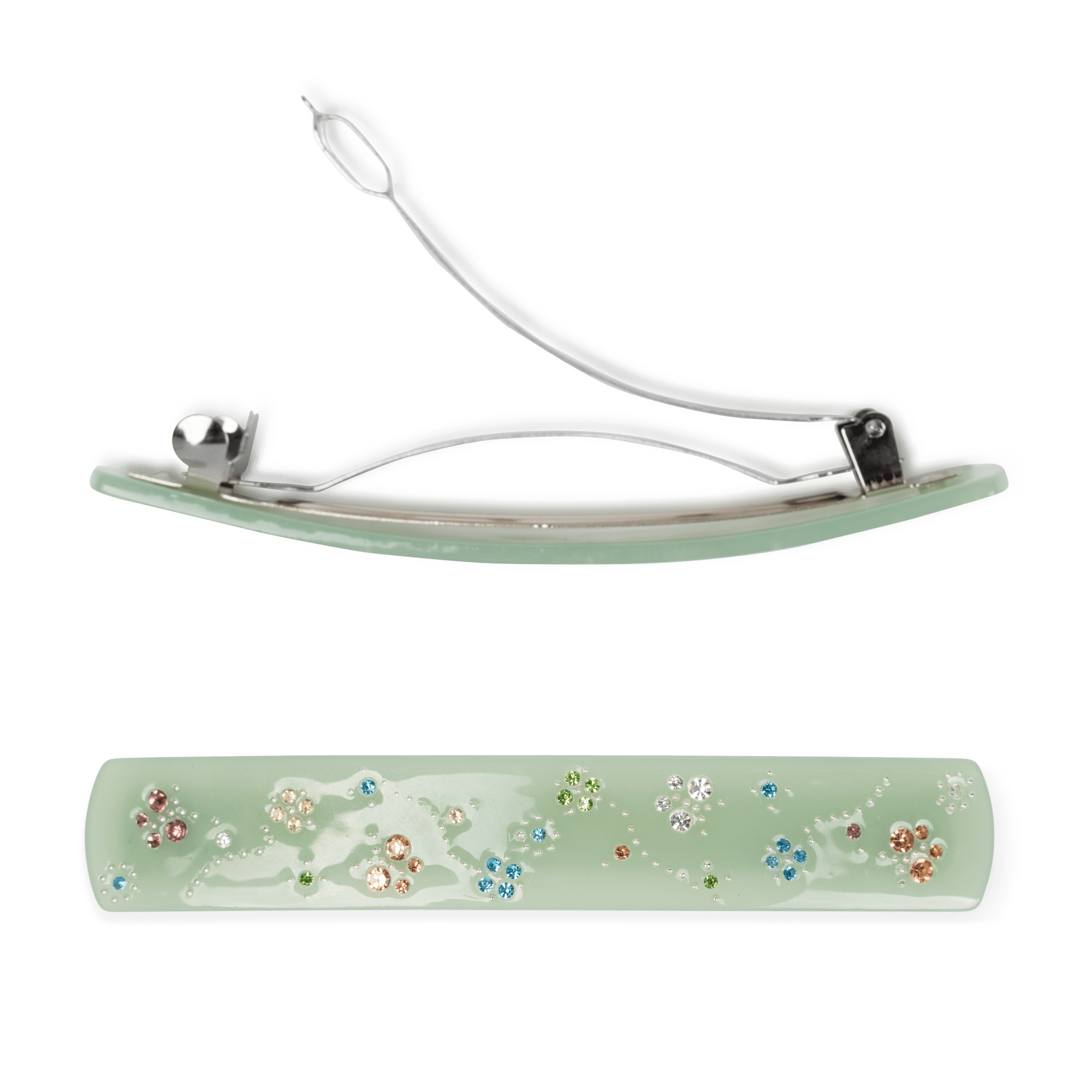 Spring Garden Clip fra SUI AVA – stilfuld hårclip i en frisk grøn nuance med små farverige sten, ideel til at skabe et naturligt og feminint touch til dine frisurer.