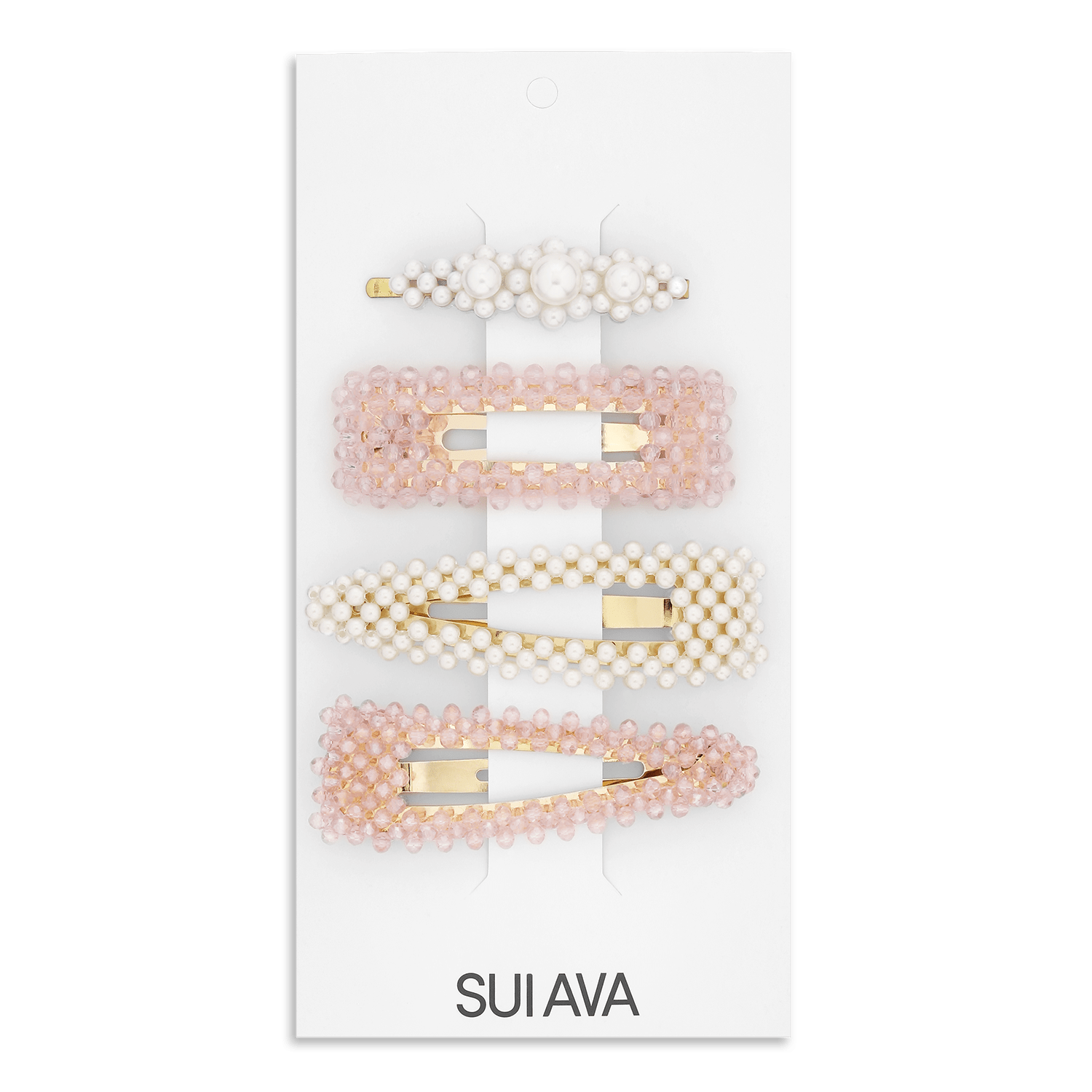 4-pak SUI AVA hårspænder med perler og lyserøde krystaller på hvid baggrund.