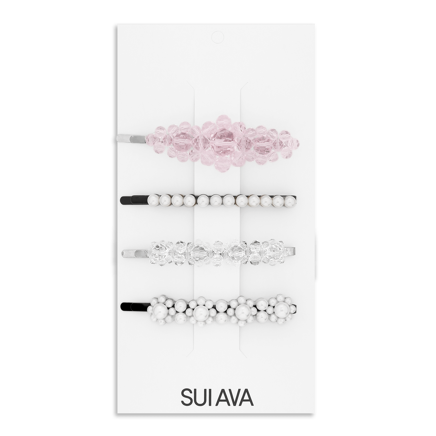 Pearly Hair Clips – sæt med fire hårspænder i rosa, klar og hvid med perler og krystaldetaljer fra SUI AVA