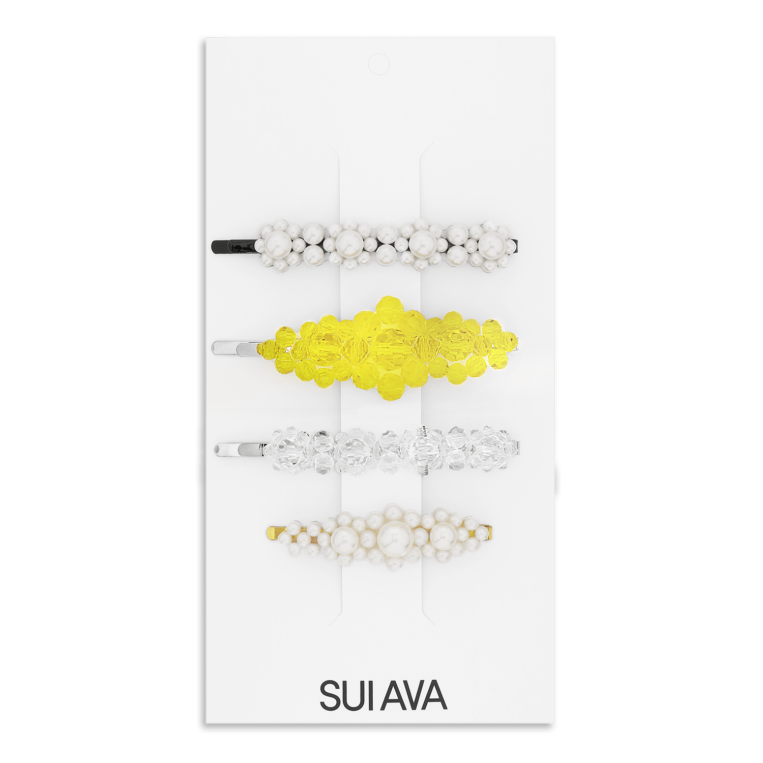 Pearly Hair Clips – sæt med fire hårspænder i klar, hvid og gul med perler og krystalperler