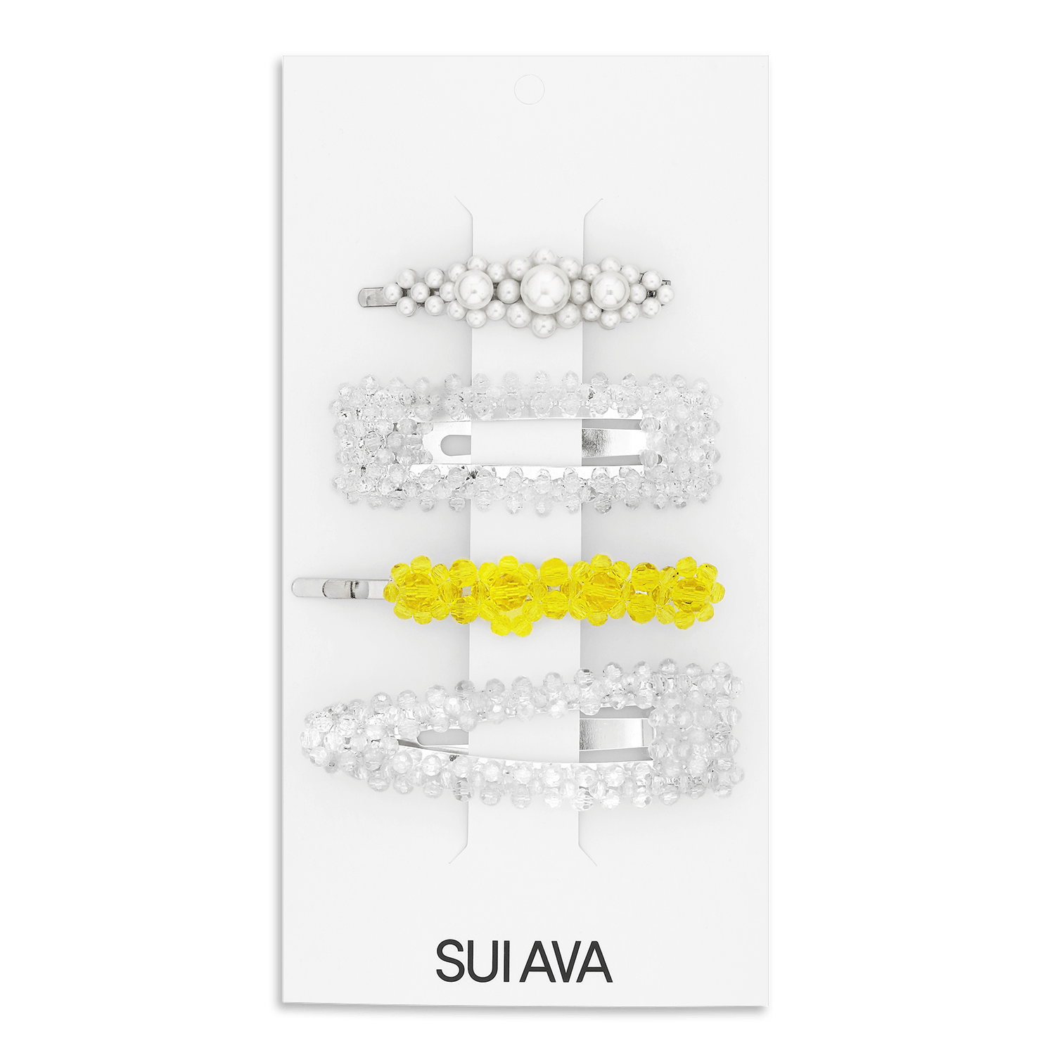 SUI AVA Pearly Hair Clips – 4-pak med perler og krystaller i hvid, klar og gul