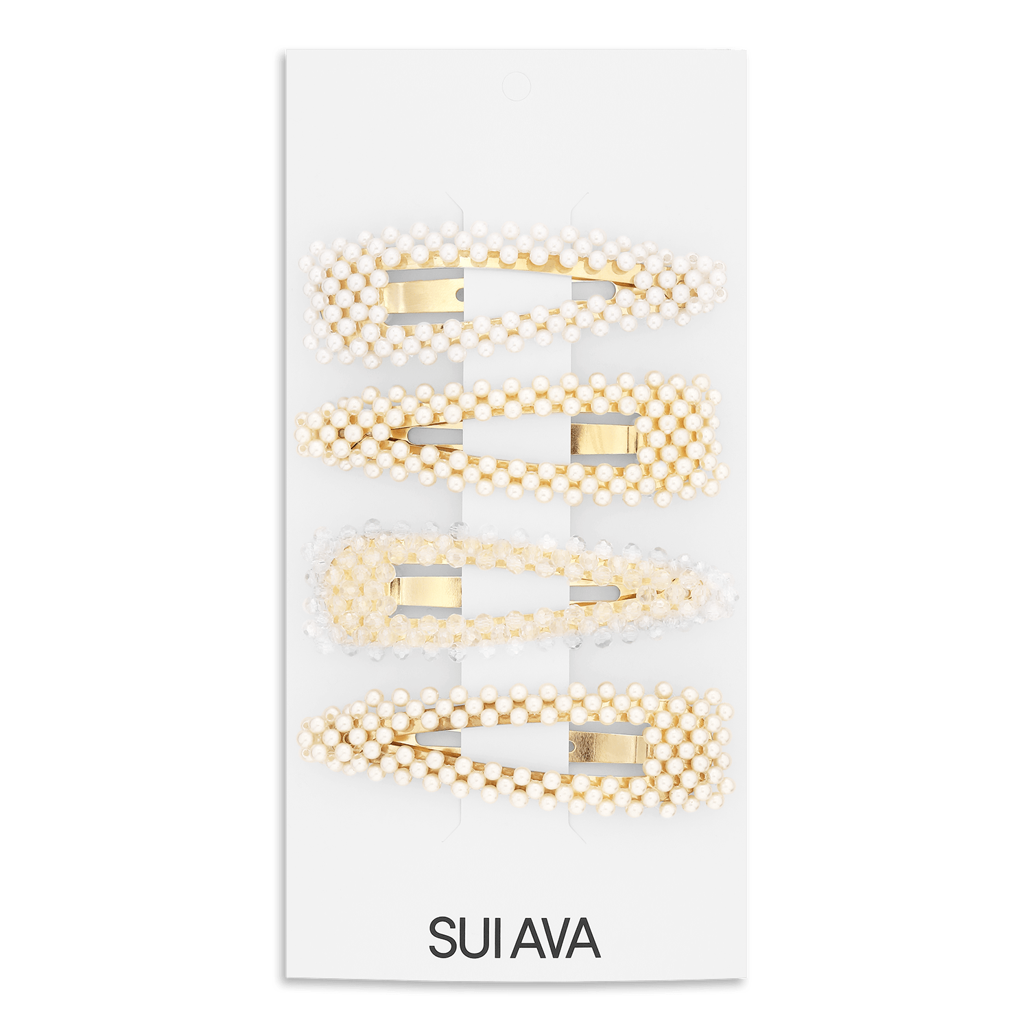SUI AVA Pearly Hair Clips – 4-pak med gyldne spænder dekoreret med perler og krystaller.
