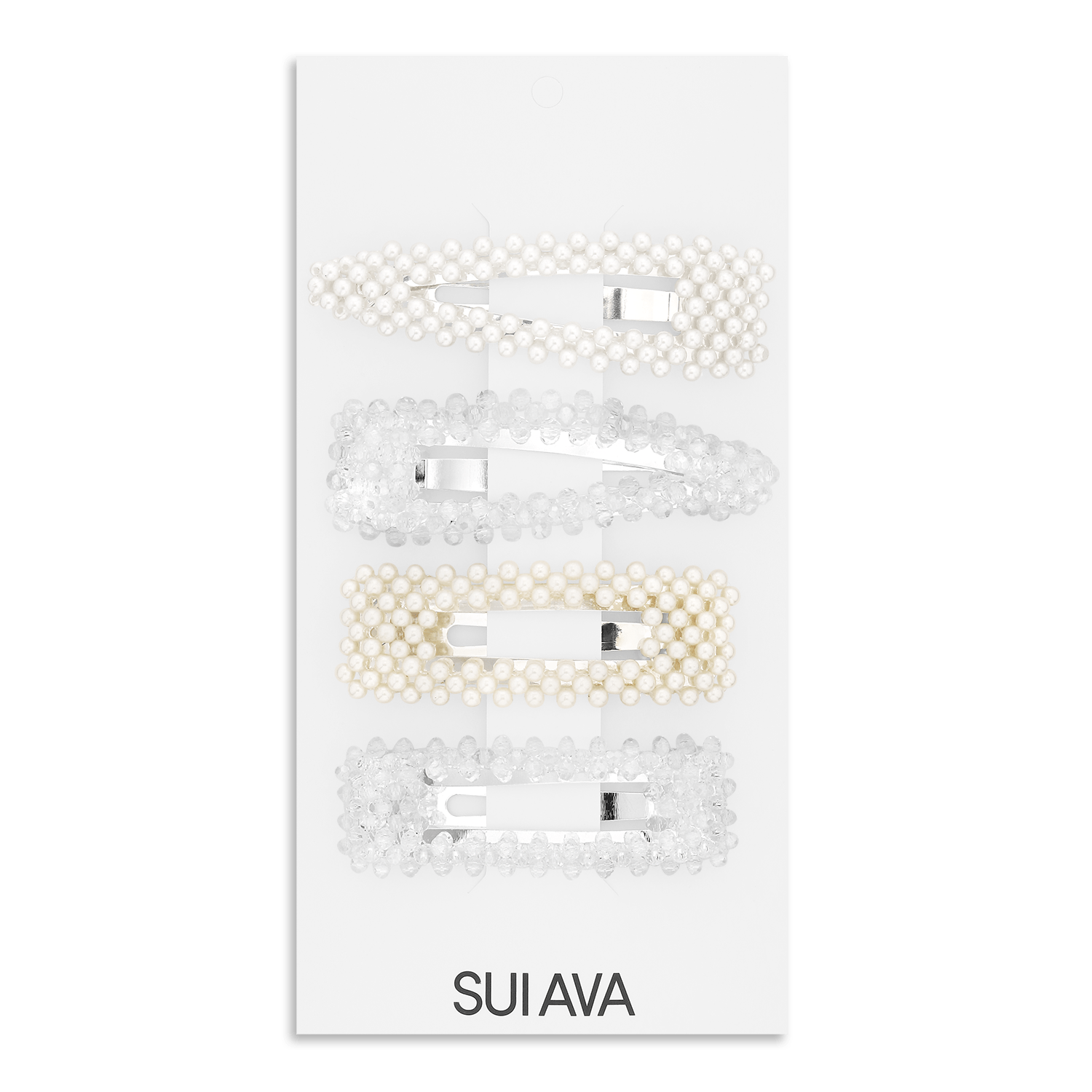 4-pak SUI AVA hårspænder i hvid med perler og klare krystaller på hvid baggrund.