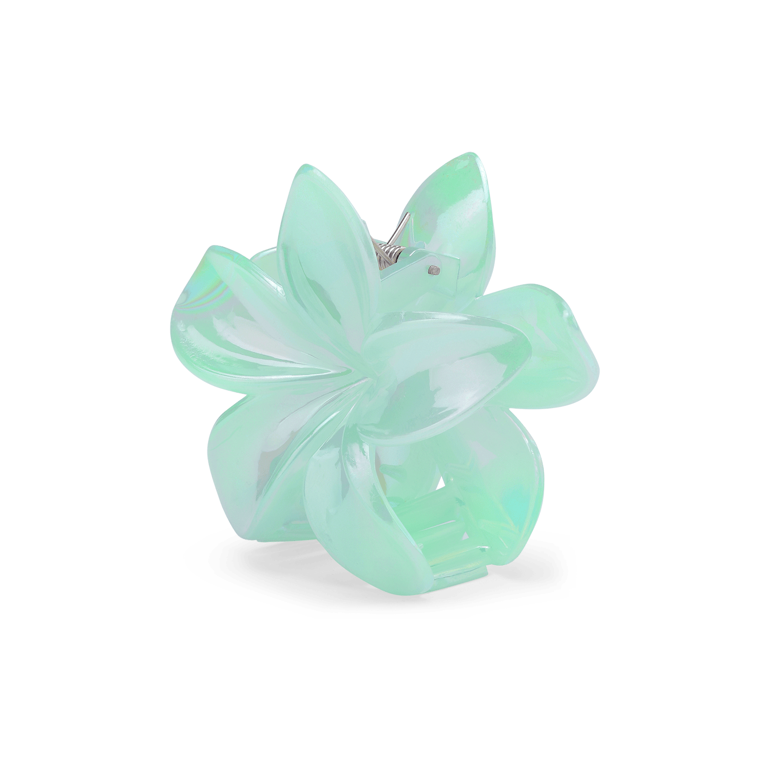 Plumeria Pastel Big – stor grøn hårklemme med blomsterform og pastelfinish.