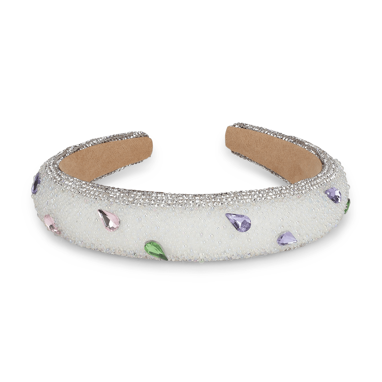 Pastel Picnic Headband – hvid hårbøjle med lyserøde, grønne og lilla rhinsten.