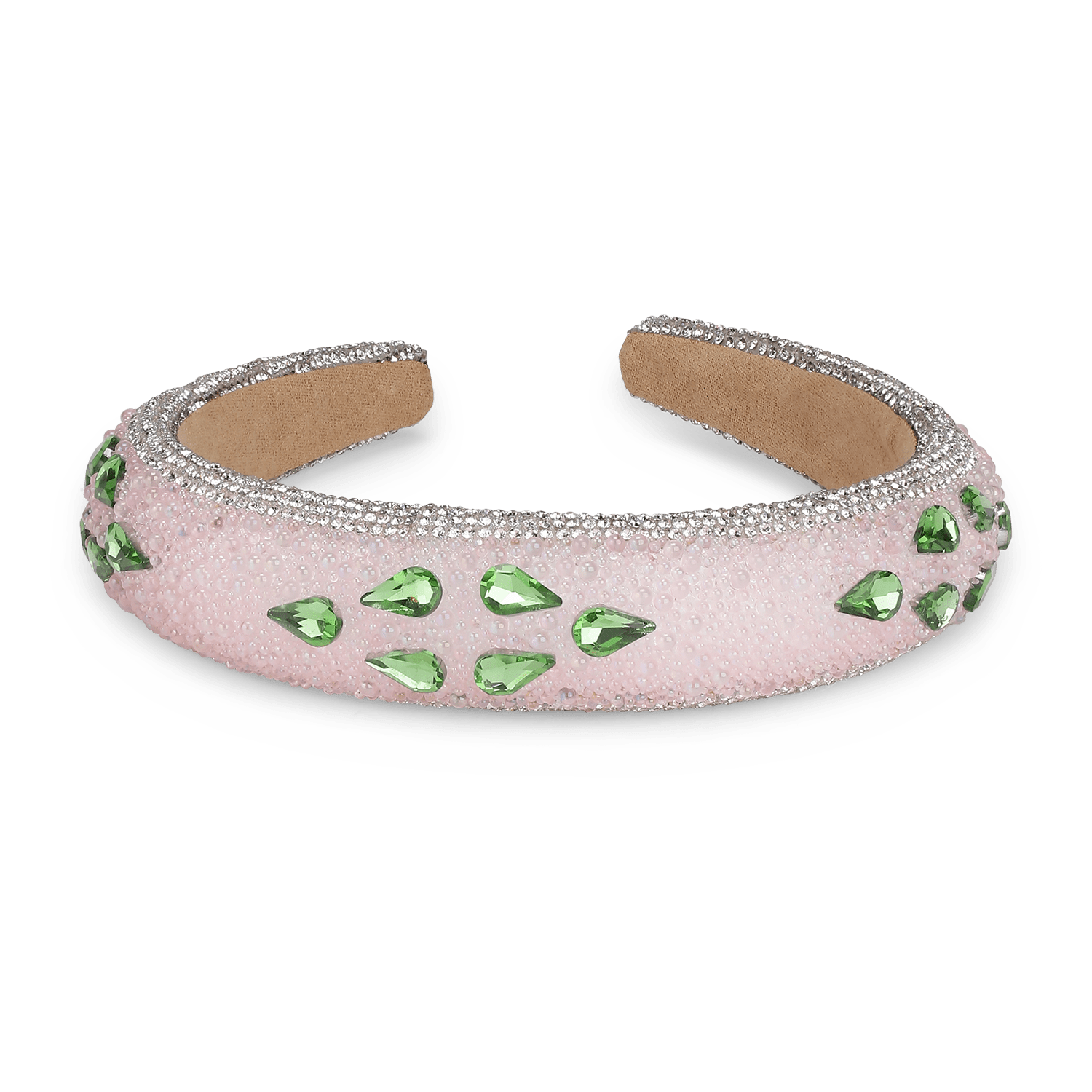 Pastel Picnic Headband – rosefarvet hårbøjle med grønne og sølvfarvede rhinsten.
