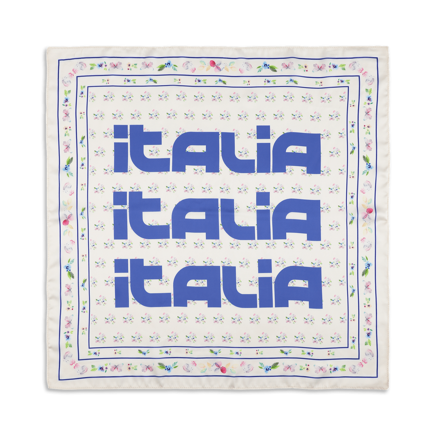 Italia Flora Scarf – blåt tørklæde med "Italia"-print og blomsterdetaljer.