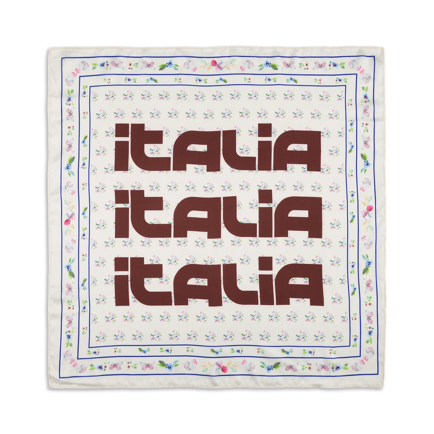 Italia Flora Scarf – brunt silketørklæde med grafisk "Italia" print og blomsterdetaljer fra SUI AVA.