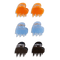 Sæt med 6 små hjerteformede hårklemmer i orange, blå med glimmer og brun med glimmer.