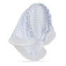 Checkered Headband – Lyseblå hårbøjle med fastgjort tørklæde og hvide plisserede detaljer.