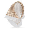 Checkered Headband – Brun hårbøjle med fastgjort tørklæde og hvide plisserede detaljer.