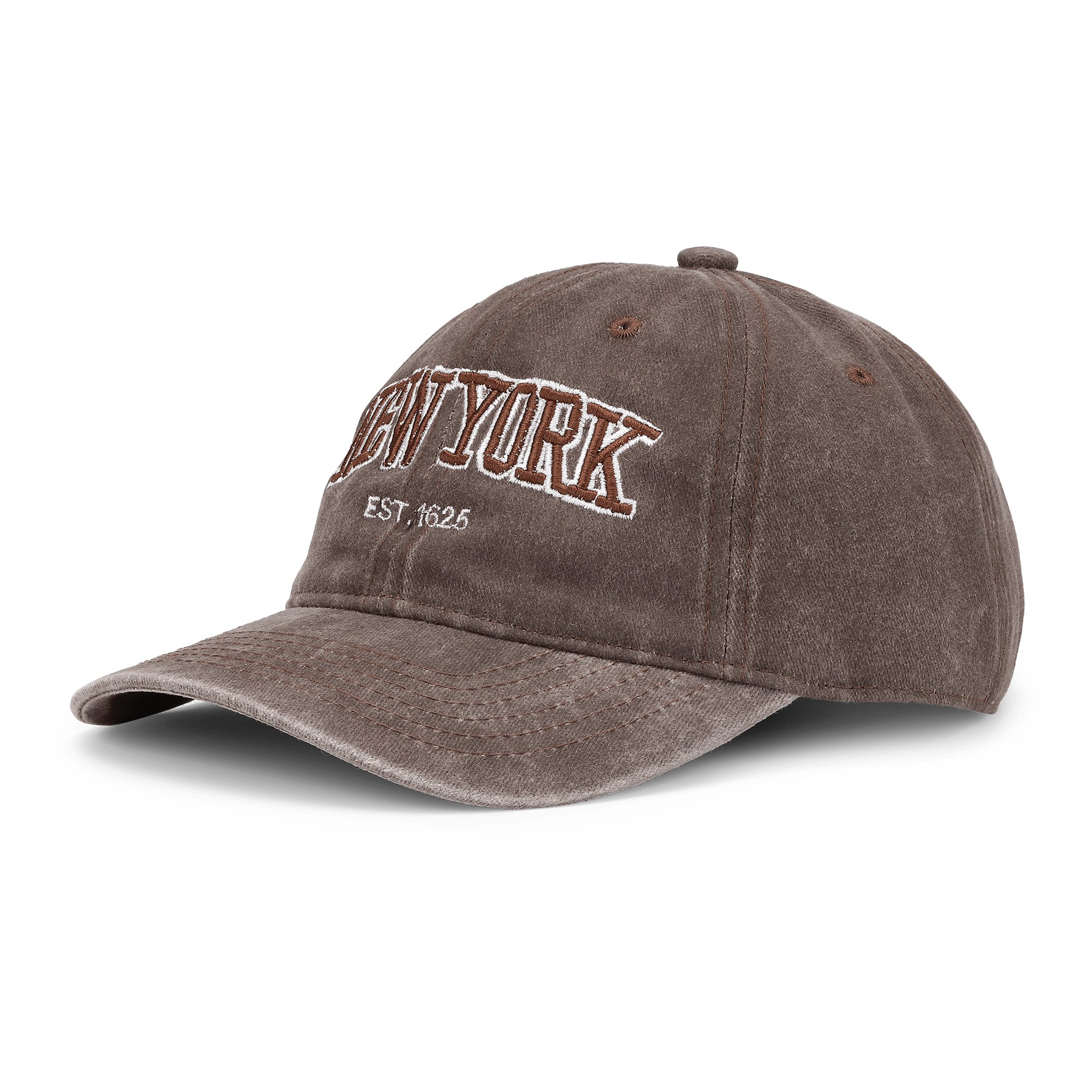 Brun baseball cap med vasket finish og broderet “NEW YORK EST. 1625” foran