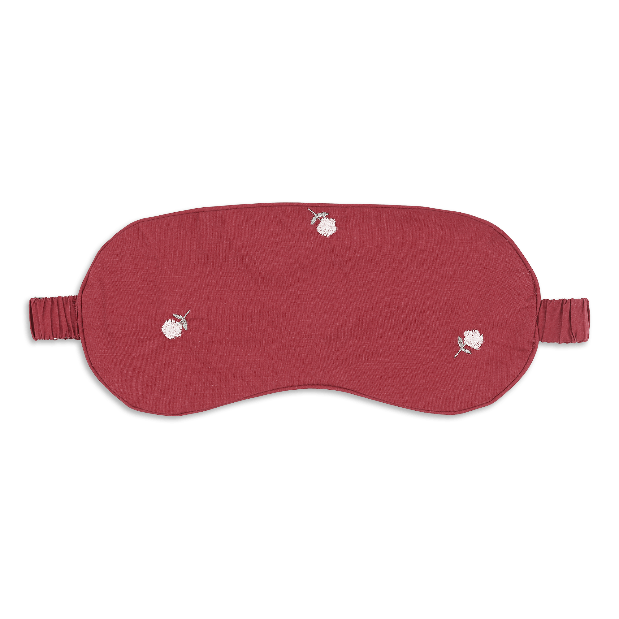 Bobbie Sleep Mask i burgundy bomuld med hvide blomsterbroderier og tilhørende opbevaringspose.