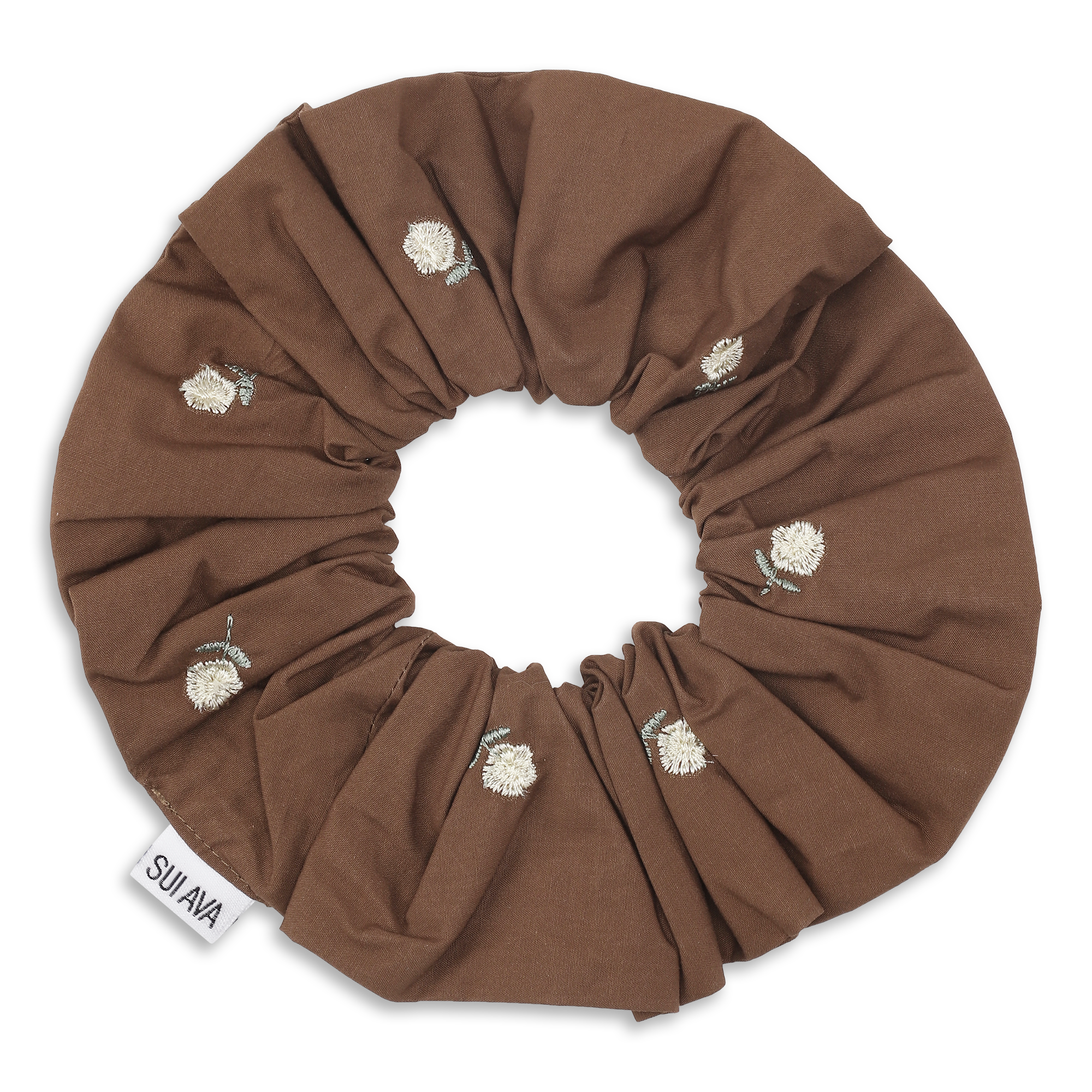 Brun scrunchie i quiltet bomuld med hvide broderede blomster fra SUI AVA.