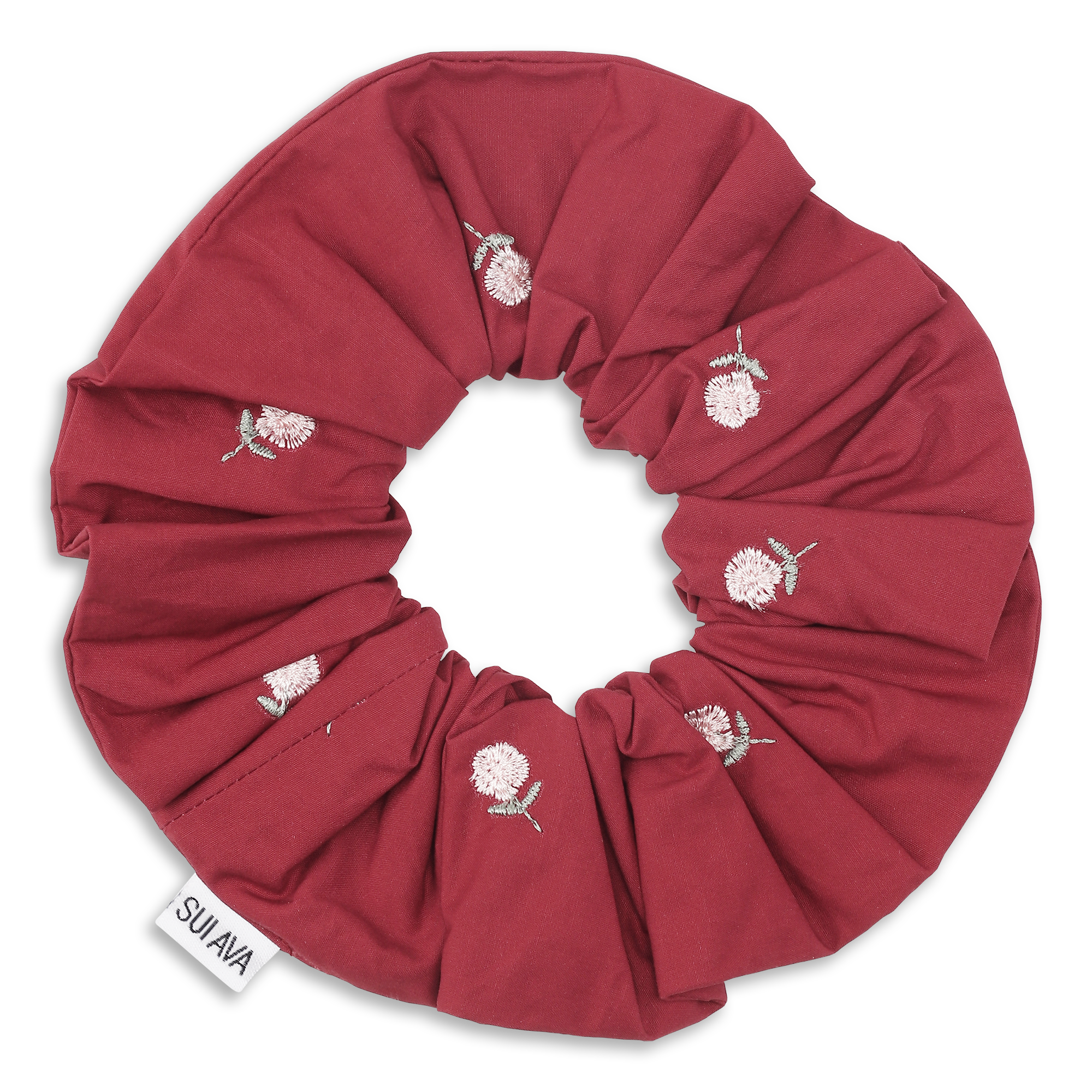 Burgundy scrunchie i quiltet bomuld med hvide blomsterbroderier fra SUI AVA