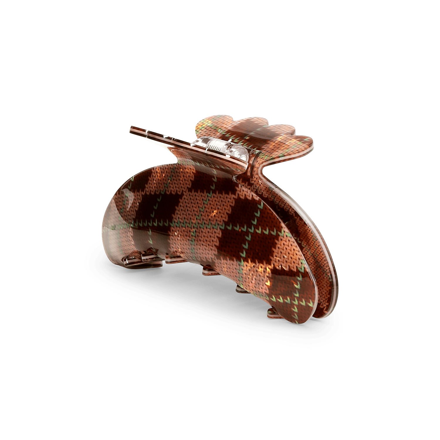 Stor brun hårklemme med grønt strikmønster – Helle Knitted Big fra SUI AVA