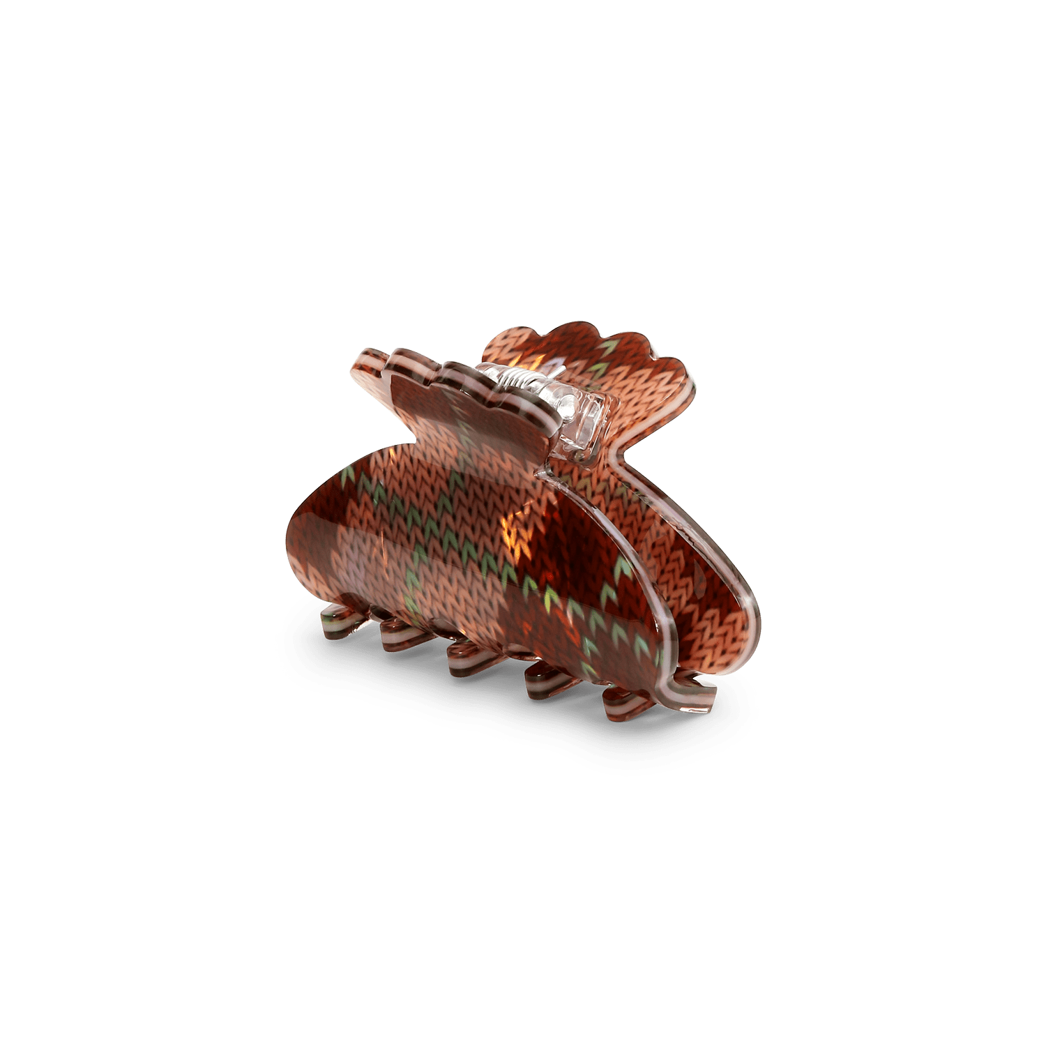 Mini hårklemme med strik-inspireret mønster i brune og grønne nuancer fra SUI AVA.